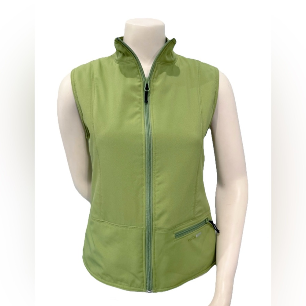 Woolrich Women’s XS Aloe Green Fleece Lined Softshell Vest Logo Wear Hiking